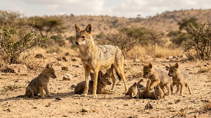 Obraz premium A mother african wild dog stands guard over her playful litter of puppies in the dry savanna landscape