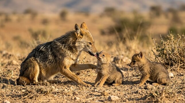 Black backed jackal mother feeding her young pups in the dry african savanna wilderness during the day