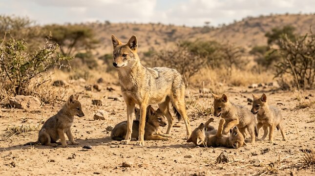 A mother african wild dog stands guard over her playful litter of puppies in the dry savanna landscape