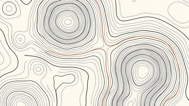 Topographic map lines in black and brown against a light cream background. This clean minimalist texture is perfect for navigation or adventure-themed graphic design.