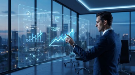 Fototapeta premium Futuristic fintech analytics dashboard with financial growth visualization and digital banking technology