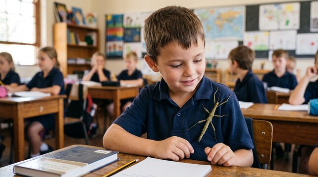 Curious young boy in classroom fascinated by a stick insect on his shirt during a lesson