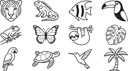 Fototapeta premium Tropical rainforest animal and jungle plant icon set illustration