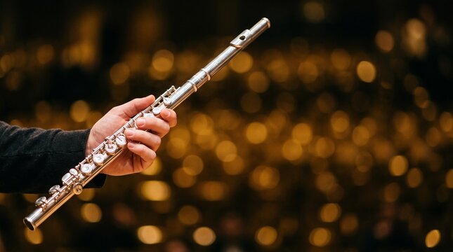 Musician holding a silver flute with a blurred golden bokeh background during a performance