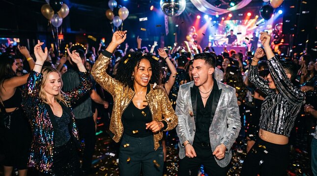 Young adults joyfully dancing and celebrating at a vibrant nightclub with confetti falling