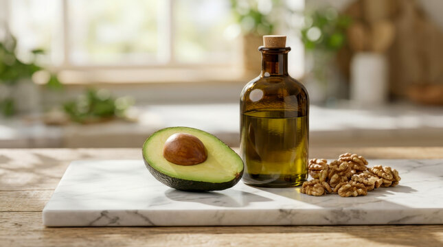 Natural avocado oil in a glass bottle with fresh fruit and walnuts