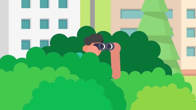 2D Animated Private Detective Spying through Binoculars from Green Bushes in City Flat Vector Character Animation Footage
