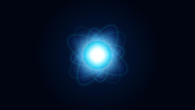 Abstract illustration of a glowing blue atom on a deep dark background