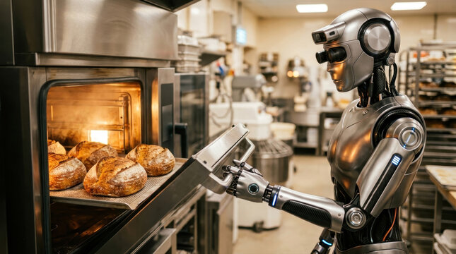Robot baker loading fresh bread into commercial oven in kitchen