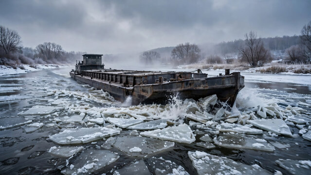 River Barge Breaking Ice on Frozen Waterway
