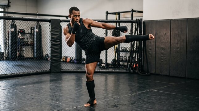 Athletic African American male MMA fighter practicing a high side kick inside a gym cage