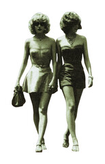 Fototapeta premium PNG Retro mobile wallpaper with two women, colorful circles, vintage style.