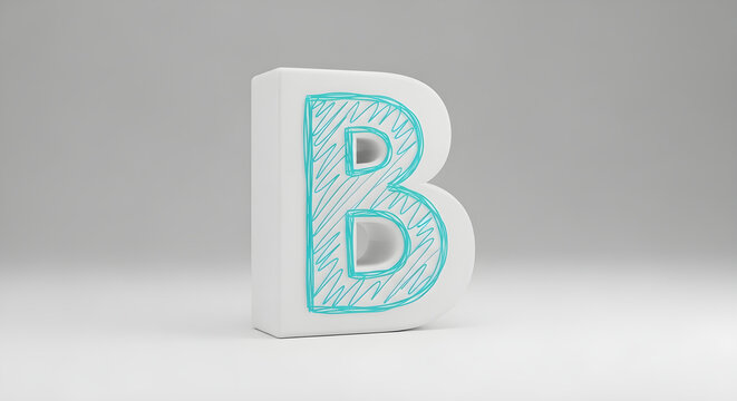 Three Dimensional Letter B With Turquoise Hand Drawn Scribble Texture Isolated On A Clean Light Gray Background Studio Backdrop