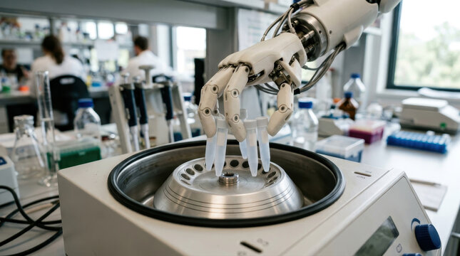 Robot arm operating laboratory centrifuge with test tubes in lab