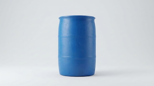 Large blue plastic barrel for industrial storage and chemical liquid transport. 55 gallon