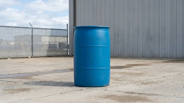 Large blue plastic barrel standing on a concrete ground near a warehouse wall. 55 gallon