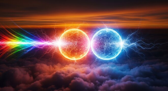 A colorful pixelated image of two planets with a rainbow light beam illustration
