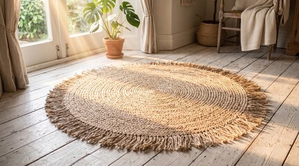 Obraz premium Round woven jute rug with fringe on light wooden floor in sunny room