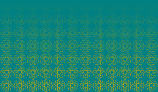Seamless geometric rosette pattern in olive gold on a teal background