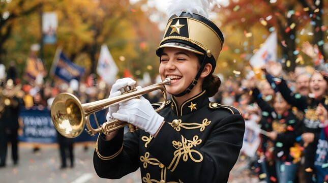 Closeup of a smiling young woman in a marching band uniform playing the trumpet during a festive parade