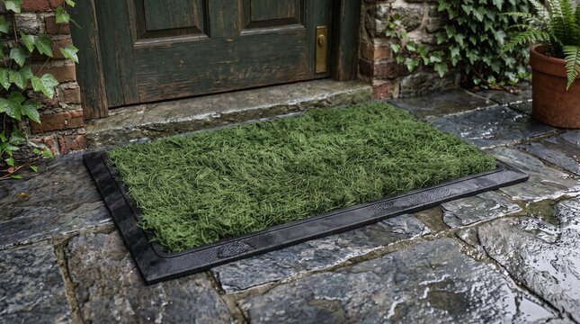 Artificial grass doormat at front door entrance on stone patio