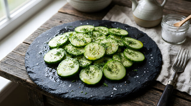 Fresh cucumber slices with dill and sea salt on dark stone platter for refreshing side dish.