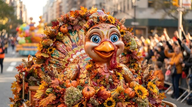 Cute cartoon turkey float decorated with autumn leaves, pumpkins, and sunflowers at parade