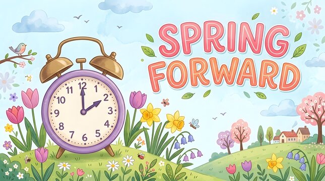 Spring forward daylight saving time concept with flowers clocks and blue sky
