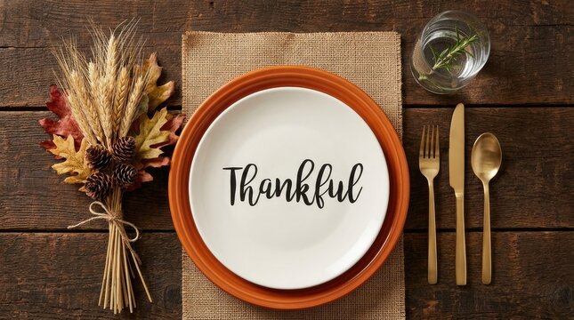 Top view of a rustic thanksgiving dinner table setting with a white plate featuring the word thankful written