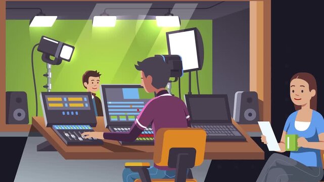 2D Animated Sound Engineers Working with Control Panel in Audio Music Studio Flat Vector Character Animation Footage