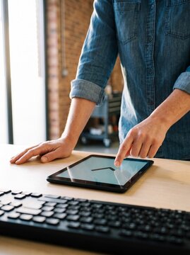 Man touches checkmark icon on tablet at workshop service counter