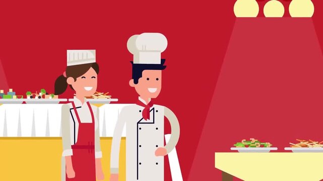 2D Animated Professional Chefs Preparing Food at Buffet Counter in Kitchen Flat Vector Character Animation Footage