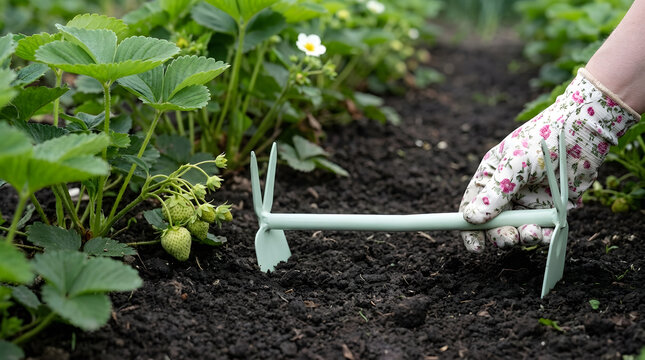 Gardener Cultivating Soil Near Strawberry Plant with Garden Hoe | Hand in Floral Glove Weeding Garden Bed Outdoors | Organic Strawberry Patch Care and Soil Aeration