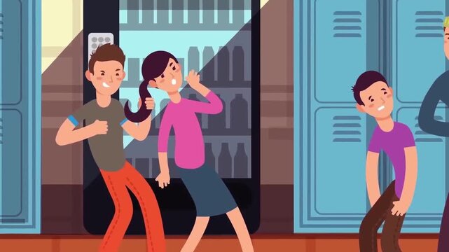 2D Animated High School Students Hanging Out by Lockers and Vending Machine Flat Vector Character Animation Footage