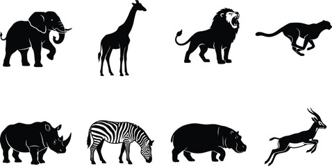 Obraz premium Set of African safari wild animal silhouettes featuring elephant, lion, giraffe, zebra, rhino, and hippo isolated on white