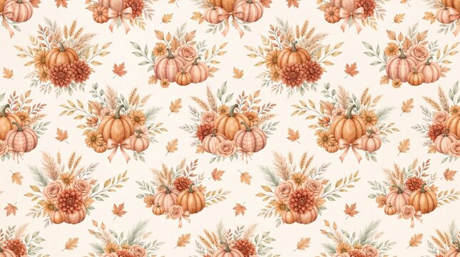 Seamless pattern with watercolor pumpkins, autumn flowers, and fall leaves in rustic boho style