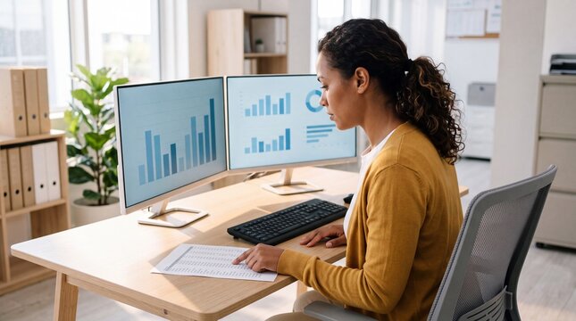 Woman analyzing financial data on dual monitors at office desk