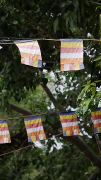 Colorful buddhist flags waving on strings among green trees in the wind. Sacred tradition.