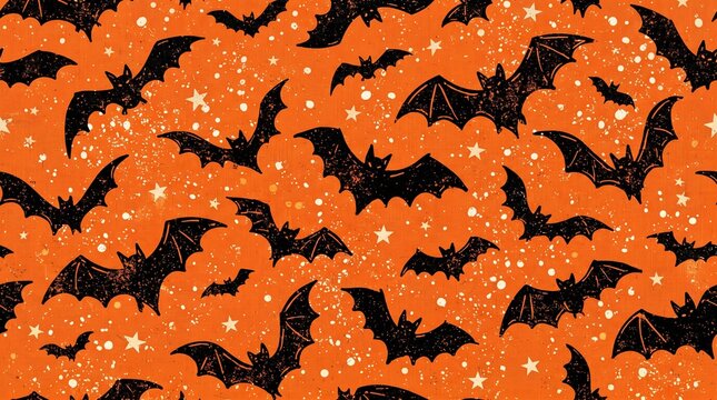 Seamless pattern with black bats and stars on an orange background, perfect for halloween decorations, wrapping paper, and festive fabric prints