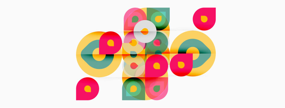 Abstract colorful shapes overlap. Circles, squares, rounded rectangles create dynamic composition. Bright hues dominate white background.