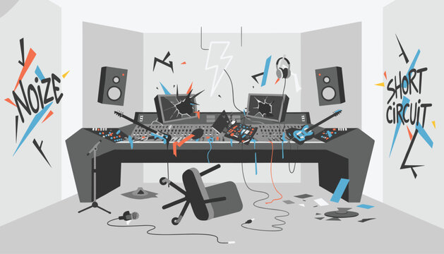 Messy recording studio room with broken equipment, graffiti on walls, shattered screens, and an overturned office chair.