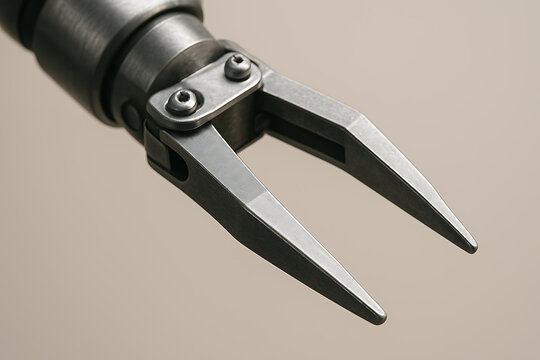 Close up of robotic precision gripper tool against neutral background