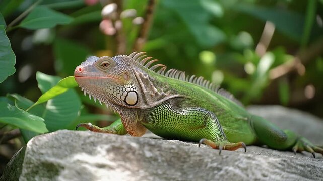 Green iguana resting on a rock in sint maarten island