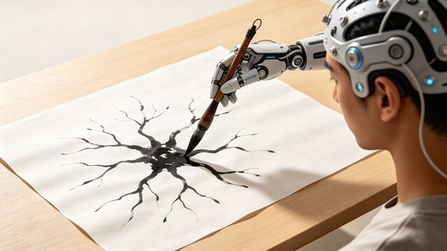 Person with BCI Headset Watching Robotic Arm Writing Neuron Shape Ink on Rice Paper