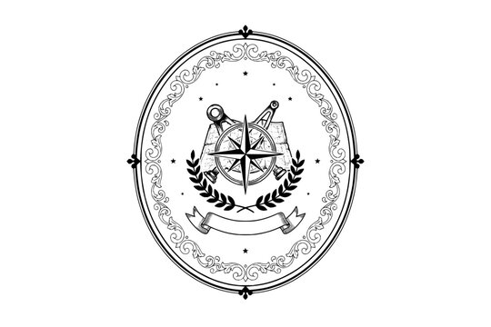 Nautical exploration emblem with compass rose, map, drafting tool and laurel wreath in oval frame