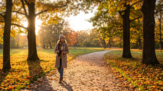 Woman walking along a path in an autumn park with golden foliage