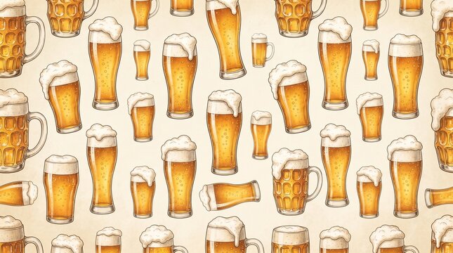 Seamless pattern with various beer glasses filled with golden lager and foam
