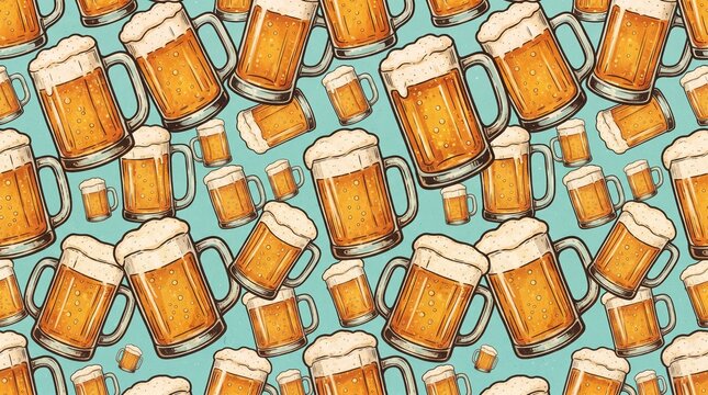 Seamless pattern with beer mugs, handdrawn illustration of glasses filled with golden ale and foam on a light blue background