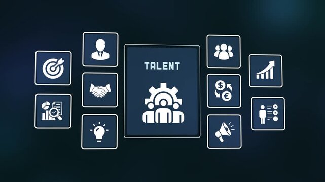 Executive talent acquisition digital interface video with corporate skill icons and leadership development concepts