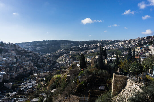 A view of a lush valley located in Jerusalem, Israel on a clear sunny day